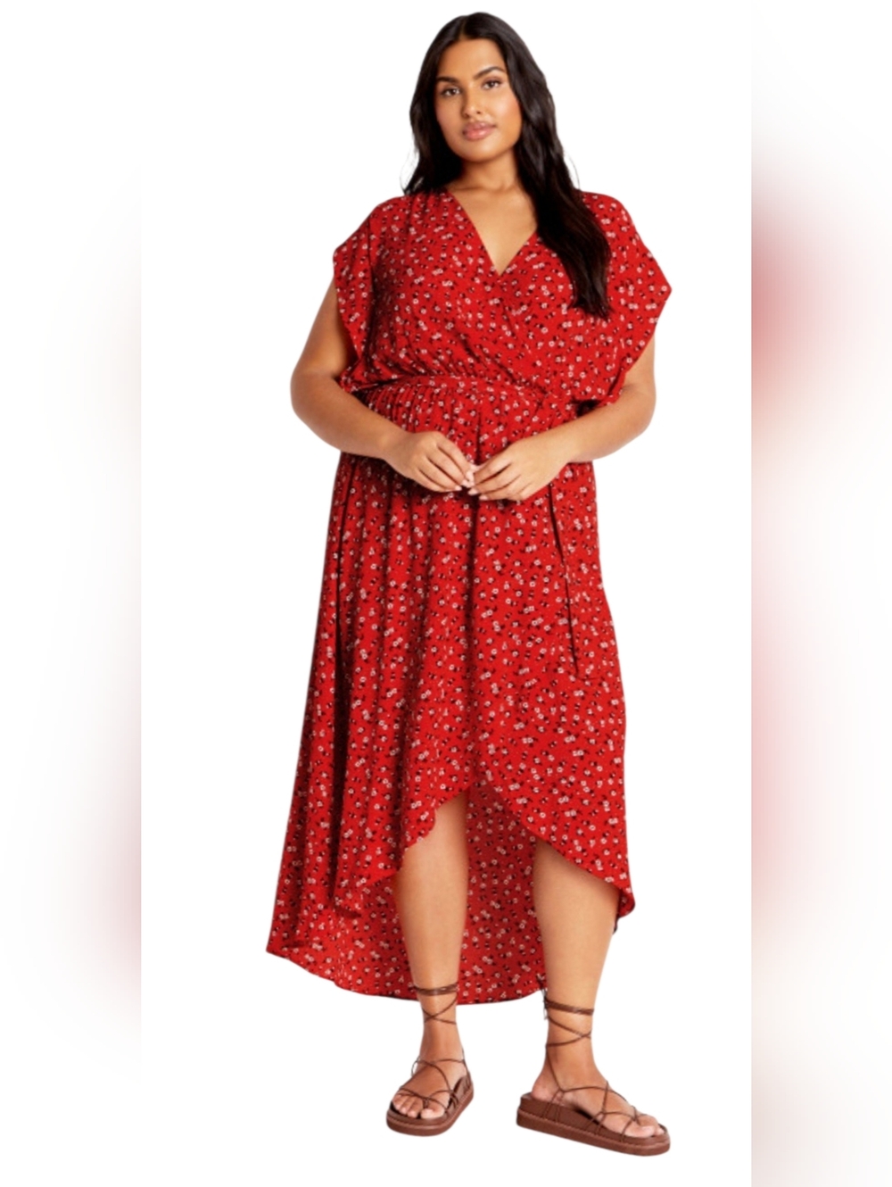 City Chic Floral Wrap Ruffle  High Low Belted Dress